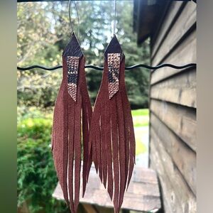 Boho Brown Snakeskin Leather Fringe Earrings Coachella Vibes NWT